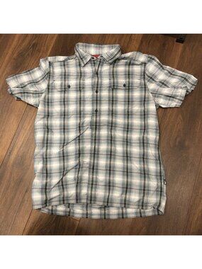 The North Face Mens Sz M Short Sleeve Button Down Plaid 2 Pocket Shirt Gray Blue